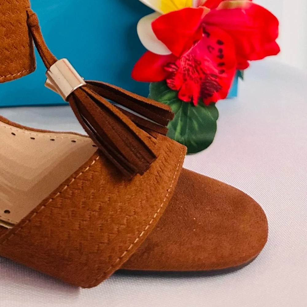 GABBY ~ Camel Brown Suede Sandals/Tassel Details and 3” Block Heel